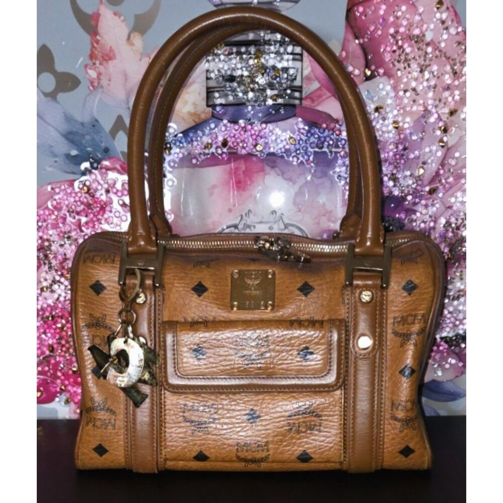 Authentic MCM Cognac Monogram Boston w/ charm & free matching wallet